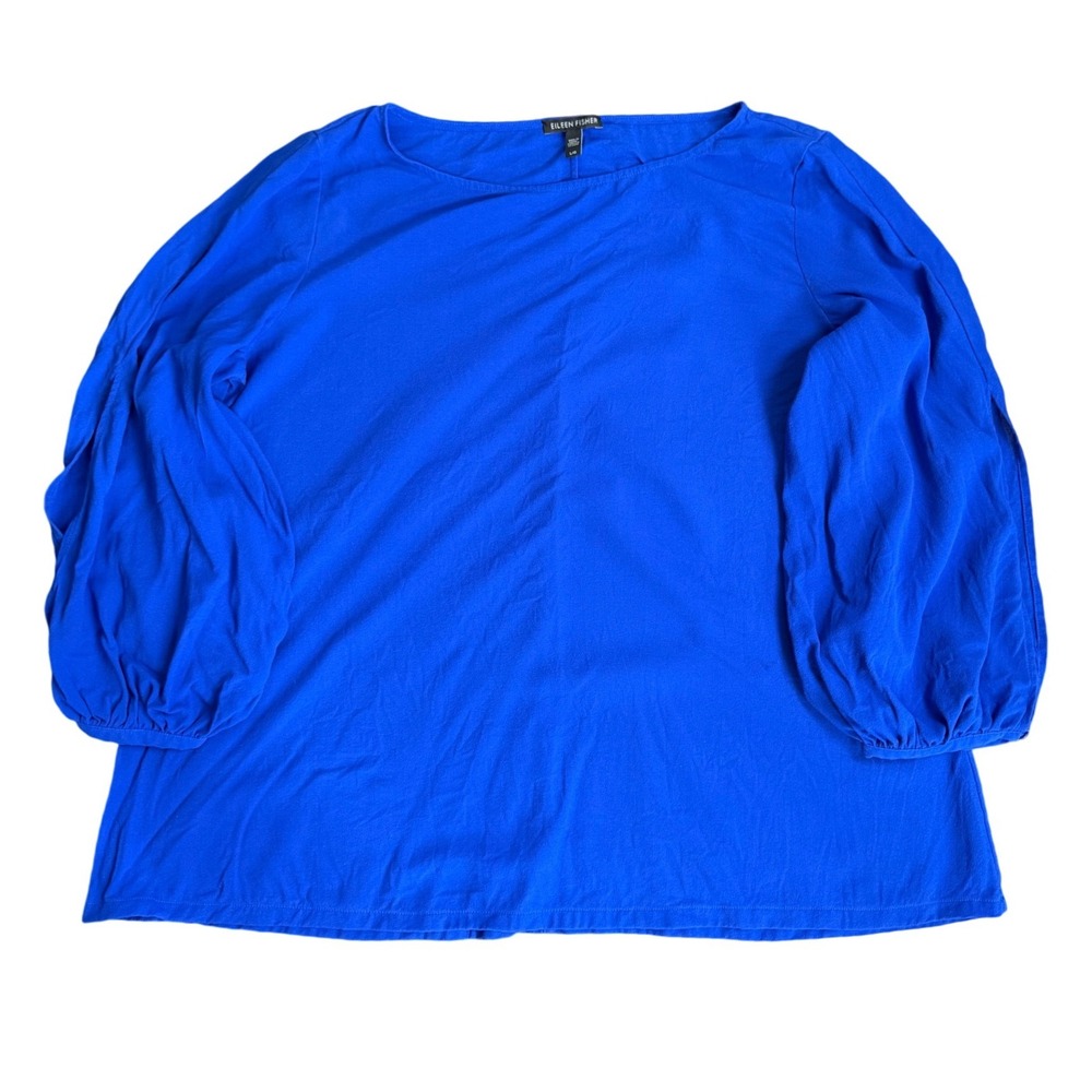 Eileen Fisher Royal Blue 100% Silk Georgette Crepe Lantern Sleeve Top L
